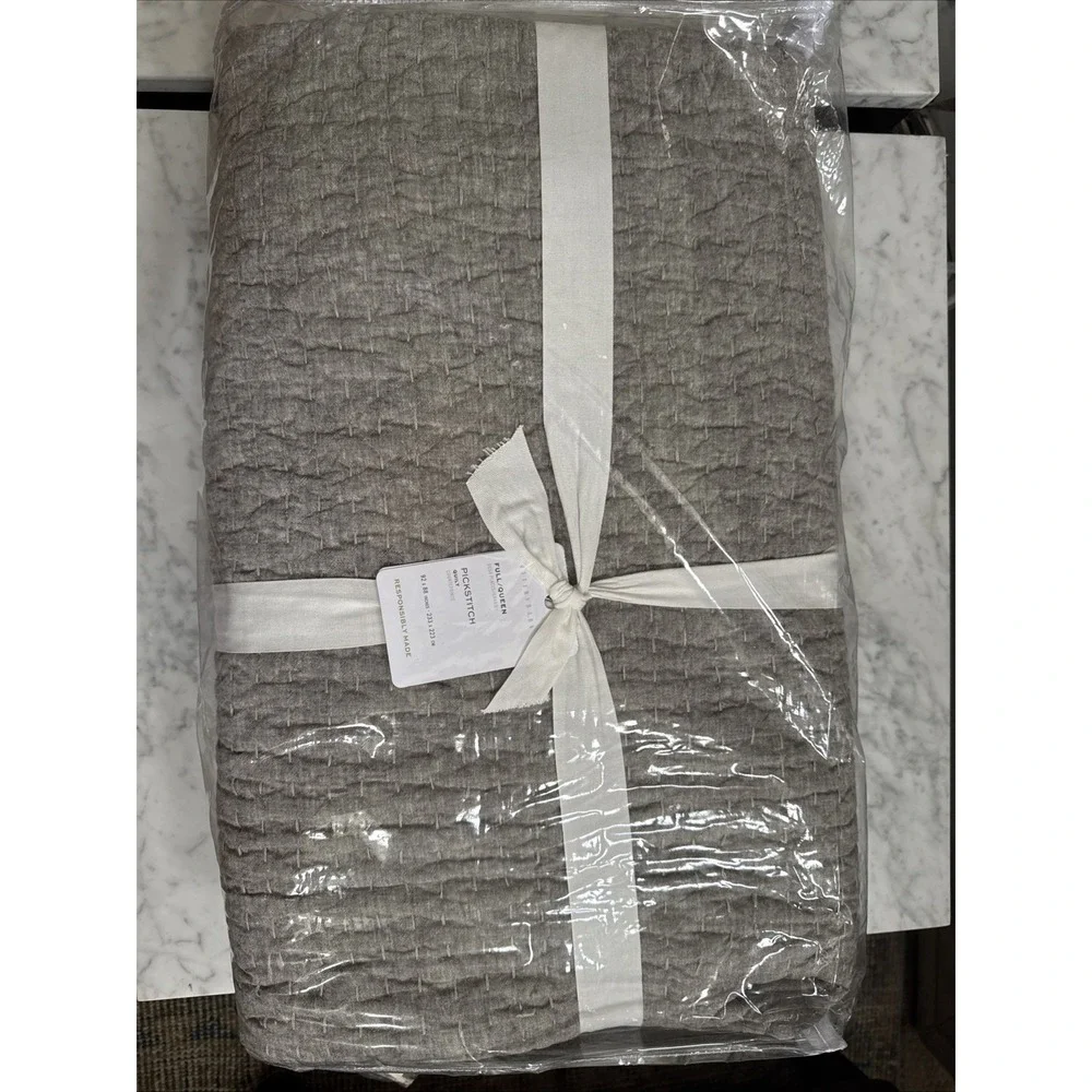 Pottery Barn Pick-Stitch Handcrafted Cotton Linen Quilt Full Queen Light Gray